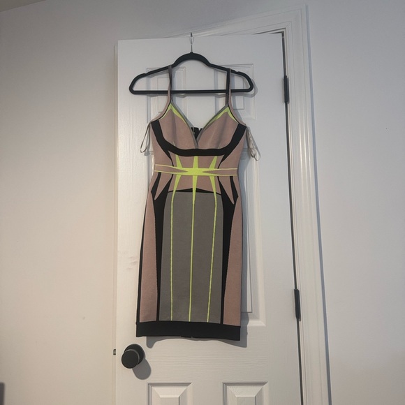 Herve Leger Dresses & Skirts - Herve Leger Beige and Neon Yellow Midi Dress